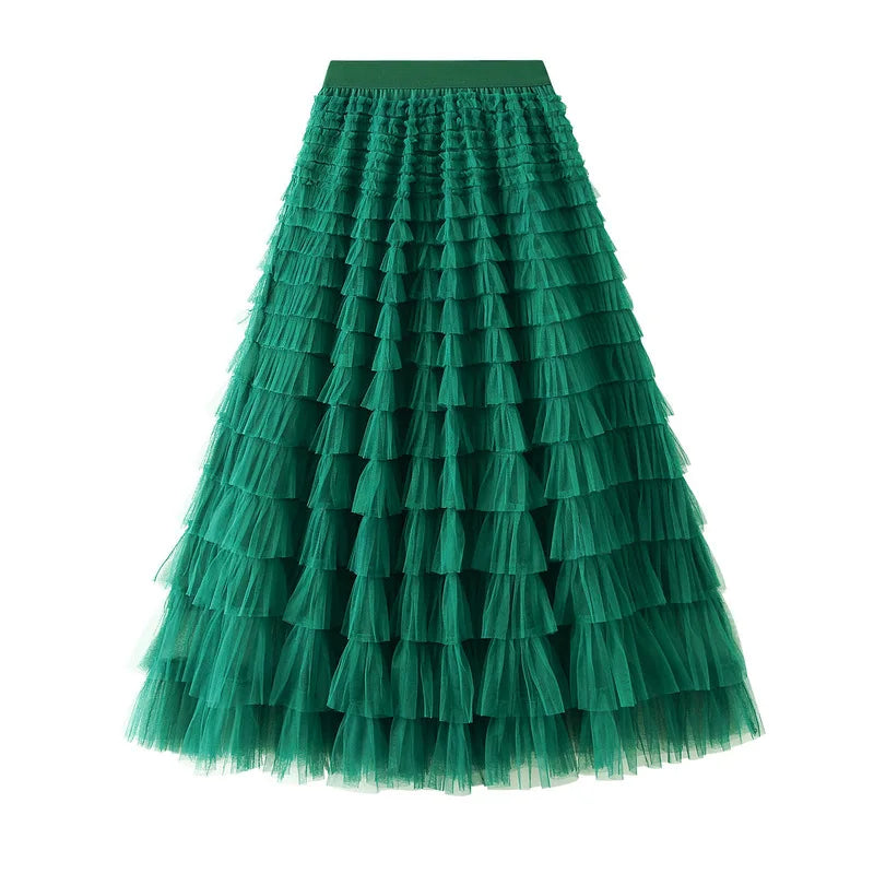 New Arrival 2025 Tulle Cake Long Skirt Women Spring Summer Ruffle Pleated A-Line Chic Skirt Ladies Sweet Black White Tutu Skirts