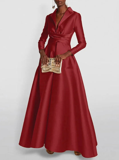 Elegant solid color Long Sleeves Evening Dress Women's Party Gown V-Neck high Waist Maxi Dresses For Wedding Prom 2026 new