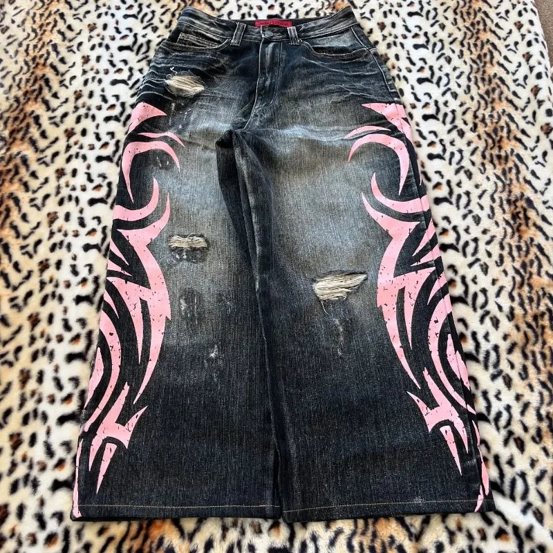 Summer Y2K Vintage Washed Floral Print Wide Leg Jeans Women High Waist Baggy Boho Comfort Loose Fit Pants Daily TikTok Viral