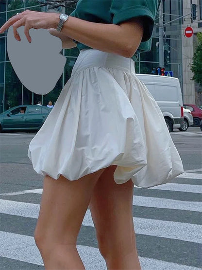 Women Summer Bubble Skirt Solid Color High Waist Pleated Mini Skirt for Beach Club Casual Streetwear Y2K Aesthetic Clothes