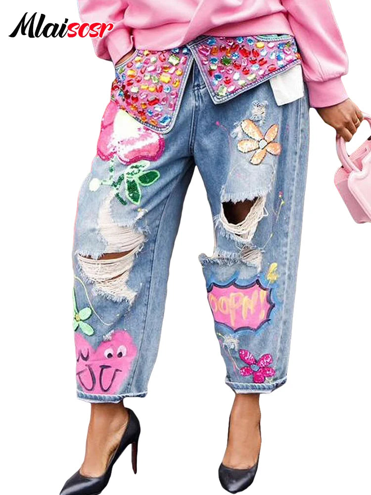 Mlaiscsr Harajuku Print Diamond Patchwork Baggy Jeans Women Mid Waist Button Pocket Denim Wide Leg Pants y2k Birthday Trousers