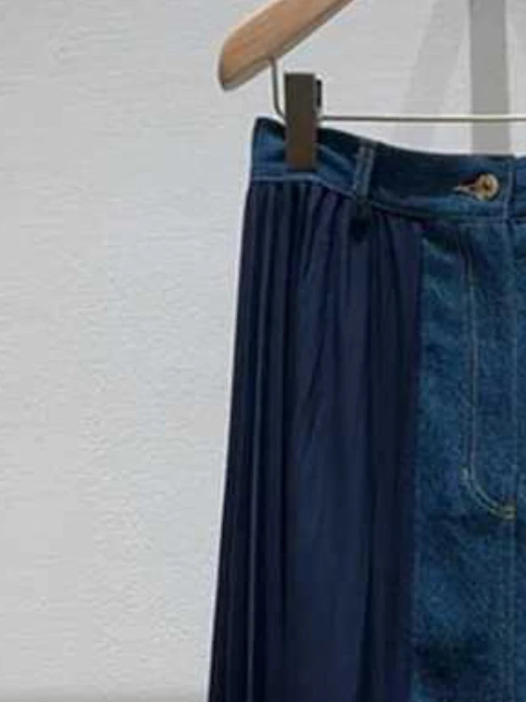 Popular New Autumn and Winter Front Split Denim Patchwork Pleated Skirt Long Skirt for Women