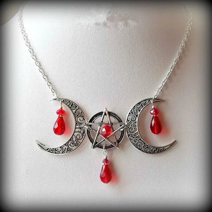 Wiccan Moon Necklace, Gothic Necklace, Pentagram & Moon Necklace, Pagan Necklace, Pentacle Necklace, Witch, Wicca, Black, Red,