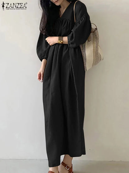 2025 ZANZEA Autumn Maxi Long Dress Women Solid Loose Sundress Pleated Vestidos Fashion Causal Puff Sleeve Holiday Robe Kaftan