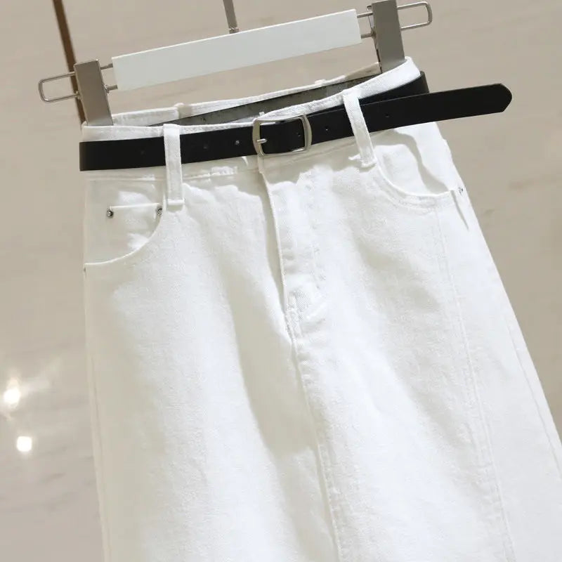 White High-waisted Denim Skirt 2026 New Women's Medium and Long A-shaped Split Hip Skirt