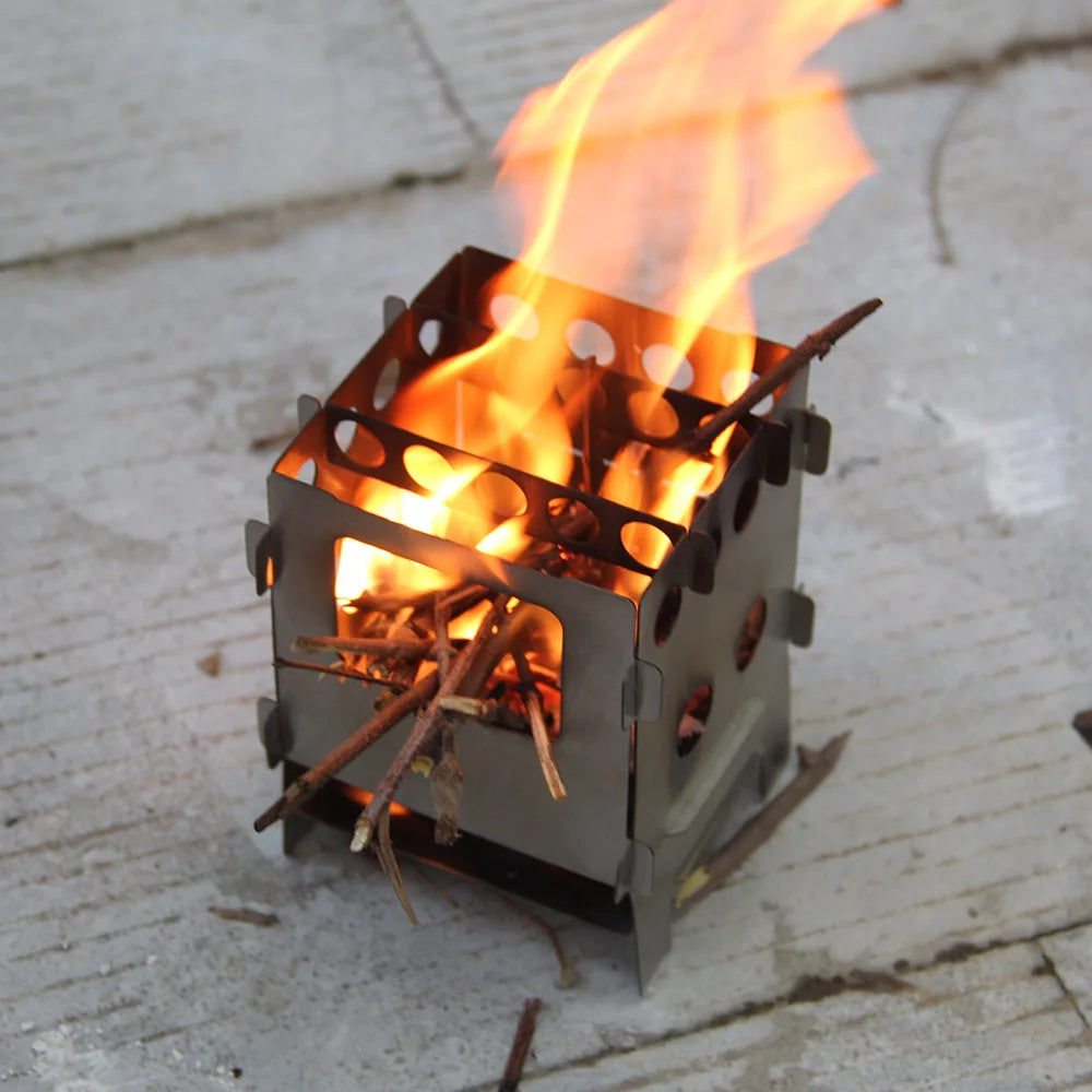 Stainless Steel / Ti Camping Stove Folding Wood Stove Outdoors Portable BBQ Barbecue Shelf Mini Charcoal Picnic Stove