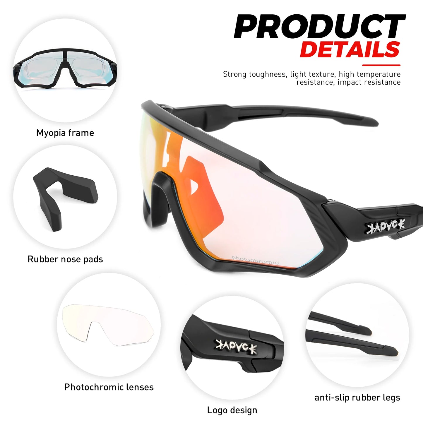 Kapvoe Photochromic Red Blue Cycling Glasses Men Women Bike Riding Sunglasses Bicycle Hiking Running Goggles Driving Eyewear