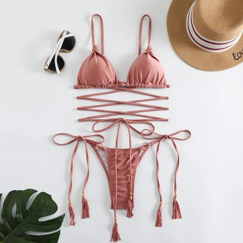 2024 Luxury Bikini Set Women Sexy Swimsuit High Cut Bandage Bikini Set Bathing Suit With Tassels Summer Brazilian Biquini