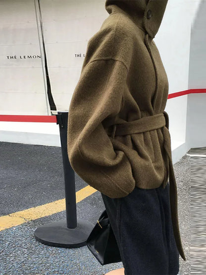 Elegant Women's Belt Stand Collar Woolen Coat Chic Single Breasted Full Sleeve Jacket 2025 Autumn Winter Lady Commute Streetwear