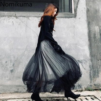 Harajuku Punk Long Skirts for Women Patchwork Gauze Chic Jupe 2025 Faldas Mujer De Moda Japanese Lace A-line Streetwear Skirt