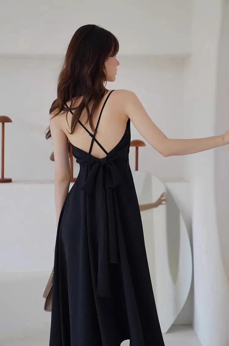 Elegant Black Backless V-Neck Slip Dress, Flowy Spaghetti Strap A-Line Sundress with Adjustable Straps, Summer Beach Party Dress