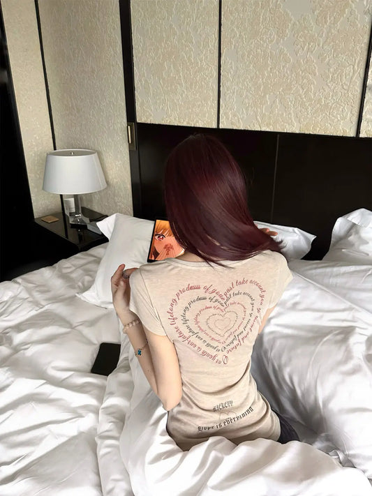 Women T Shirt 2025 Summer New Round Neck Letter T-shirts Casual Slim Fit Waist Spicy Girl Printed Short Sleeved Top