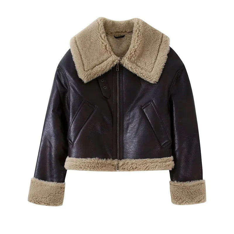 Vintage Furry Leather Women Winter Coats Big Lapel Long Sleeve Zipper Warm Outerwear 2025 Winter Chic Lady Street Short Jackets
