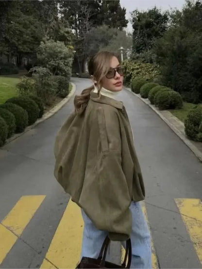 Vintage Faux Suede Short Jackets For Women Zipper Fashion Loose Bomber Jacket Coat Autumn Winter 2025 New Chic Casual Outerwears