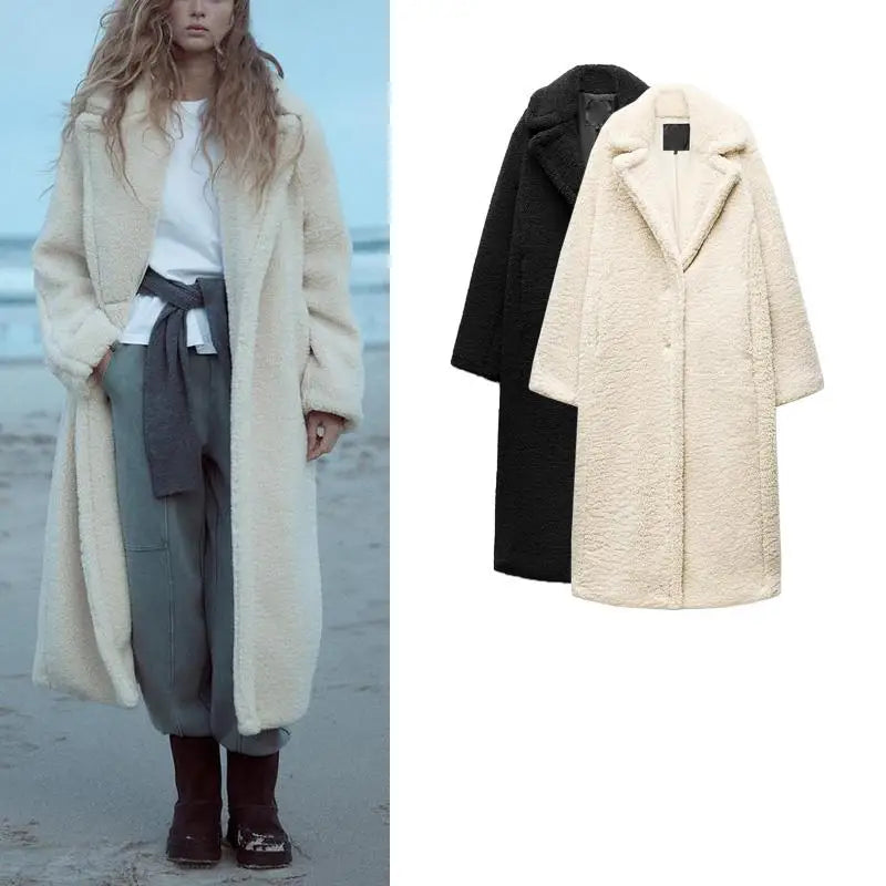 Autumn Winter New Arrival Women's Lazy Sle Warm Lapel Long Sve Fce Long Coat Jaet Straight Cut Commute Polyester