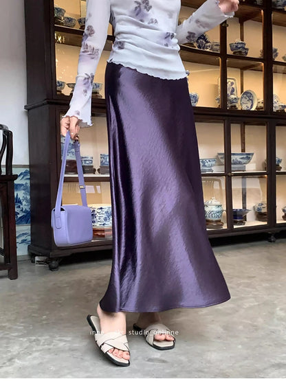 Spring Women's Long Skirts High-waist Luxury Satin Fishtail Skirt Ladies Elegant Loose Solid Gray Black A-line Skirts for Women