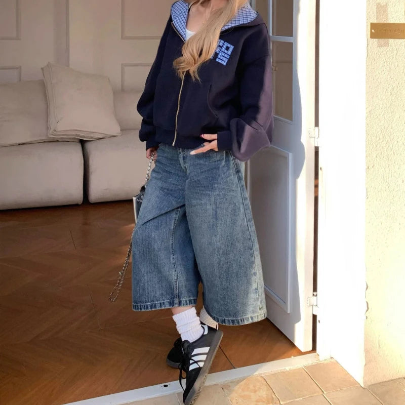 American retro plaid pocket wide-leg short jeans for women loose and casual straight high waist slimming men and women pants
