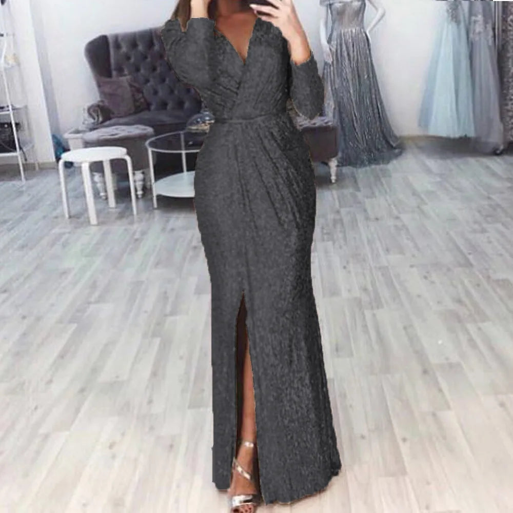 Women's Sequin High Slit Party Dresses Ruched Evening Glitter Dress Deep V Neck Long Sleeve Vestidos 2025 Autumn Female New Robe