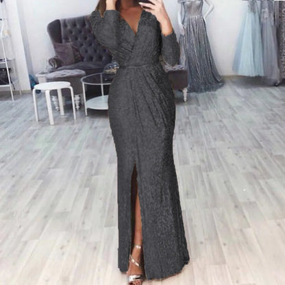 Women's Sequin High Slit Party Dresses Ruched Evening Glitter Dress Deep V Neck Long Sleeve Vestidos 2025 Autumn Female New Robe