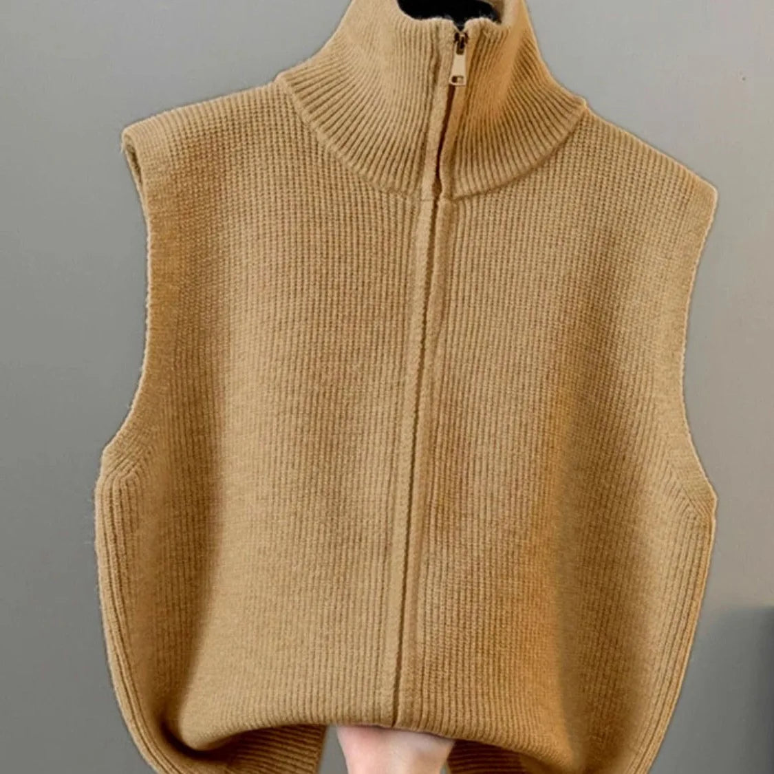 High Collar Zipper Knitted Open Cardigan Vest Women's Loose Layering Jacket Sweater Shoulder Pad Spring Autumn Winter New Style