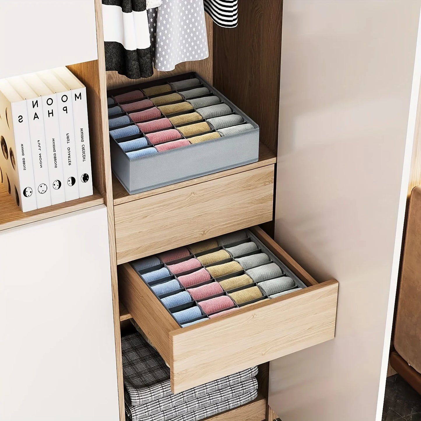 1pc Fabric Storage Box with 24 Compartments - Foldable Stackable Organizer for Socks Ties Underwear Space-Saving Drawer Divider