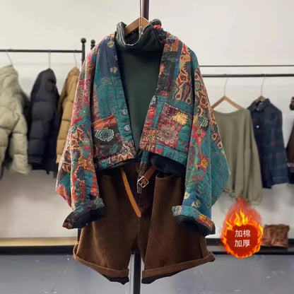 2026 Spring & Autumn Fashion Ethnic Retro Printed Cotton Jacket Women's Loose Bat Sleeves Quilted Short Coat V-Neck Top K2312