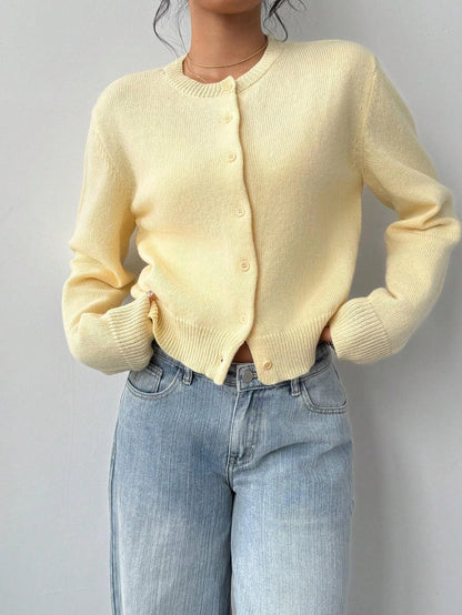 Women's Casual Solid Color Round Neck Long Sleeve Loose Cropped Top Single-breasted Sweater Cardigan Streetwear Autumn/Winter