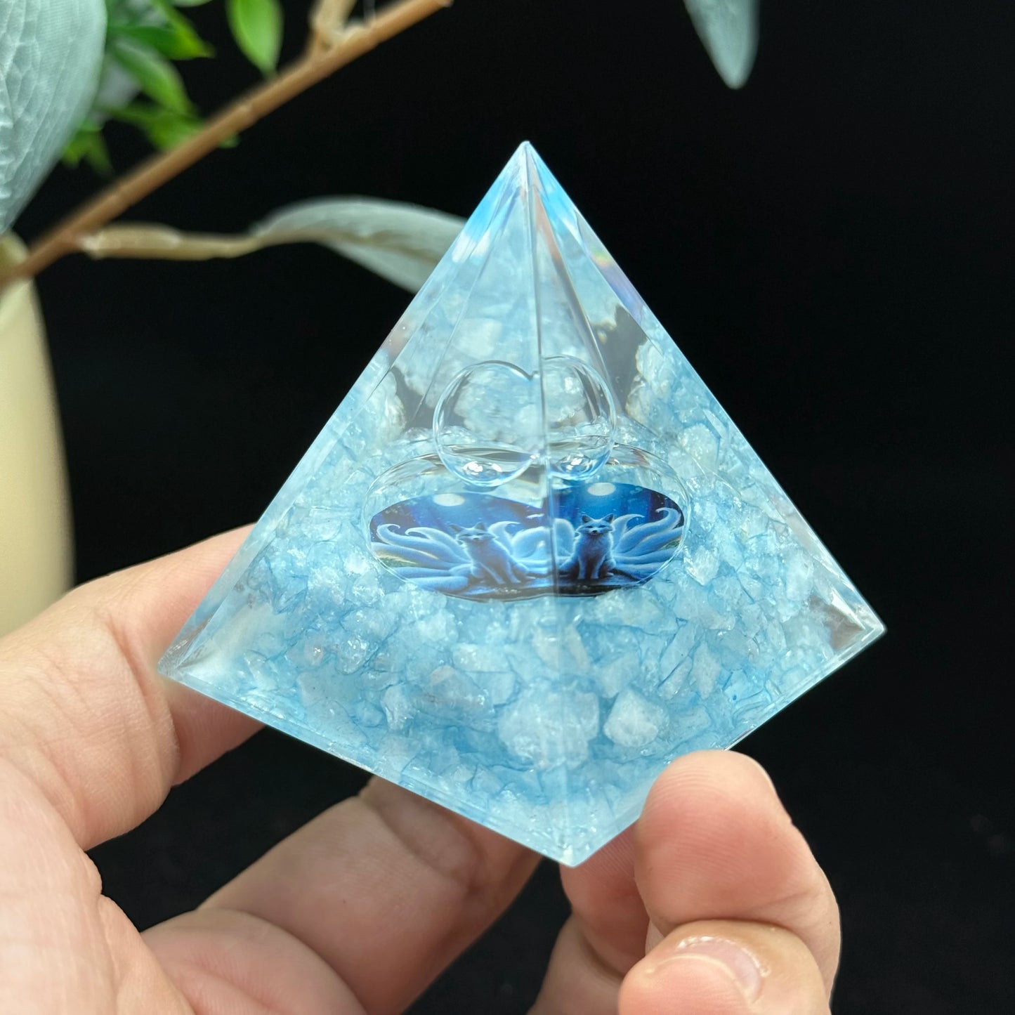 1pc Orgonite Pyramid, Aquamarine Orgonite Pyramid, Made of aquamarine crushed stone resin and transparent crystal balls