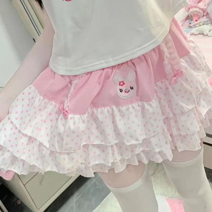 Sweet Japanese Elastic Waist Pink Polka Dot Skirts Kawaii Fashion Patchwork Loose Short Skirt Women's Design Bow Lovely Outfits