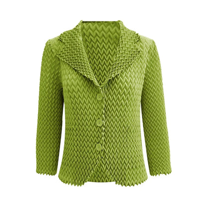High-end Miyake Solid Color Jacket Wave Pleated Suit Collar Casual Versatile Long-sleeved Short Jacket Female 2024 Autumn New