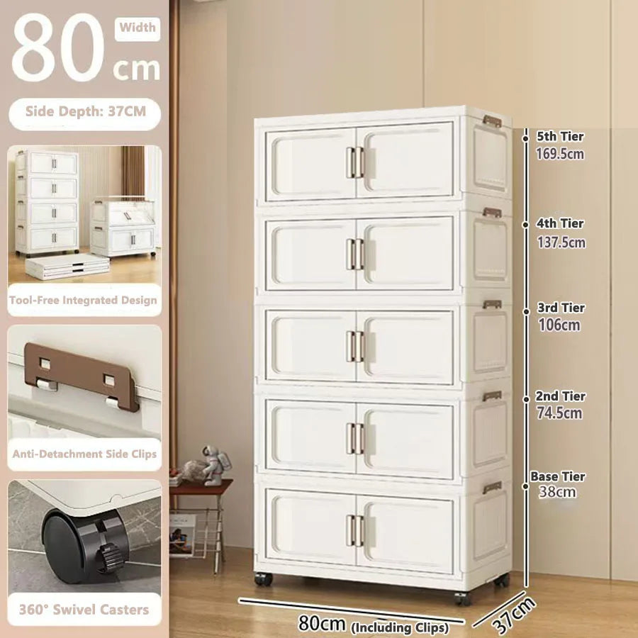 Folding Storage Cabinet with Drawers Home Organization Kitchen Bathroom Bedroom Multi-Functional Compact Closet Space Saver