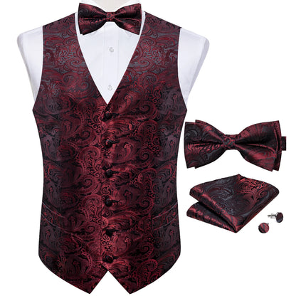 Men's Suit Vest Black Paisley Solid Red Grey Wedding Prom Luxury Waistcoat with Bow Tie Handkerchief Cufflinks Men Clothing
