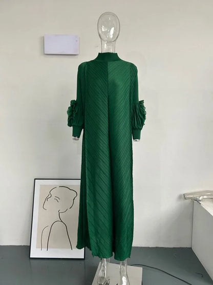 YUDX High Quality Maxi Miyake Pleated Dress Round Neck Spliced Fungus Full Sleeve Dresses For Women 2025 New Spring Clothing