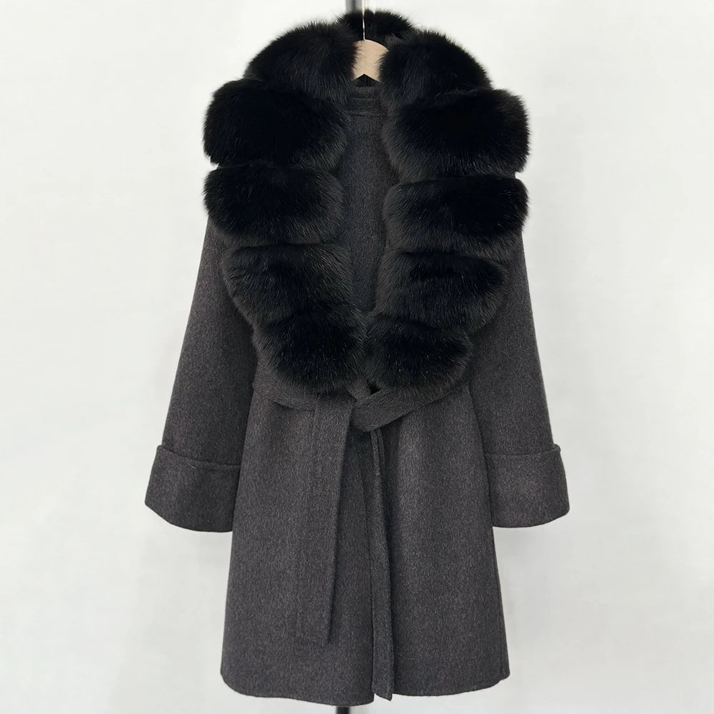 GENHUA 2025 New Winter Cashmere Wool Blends Women Natural Fox Fur Collar Cuffs Slim Fit Suit Double Sided Woolen Trench Coat