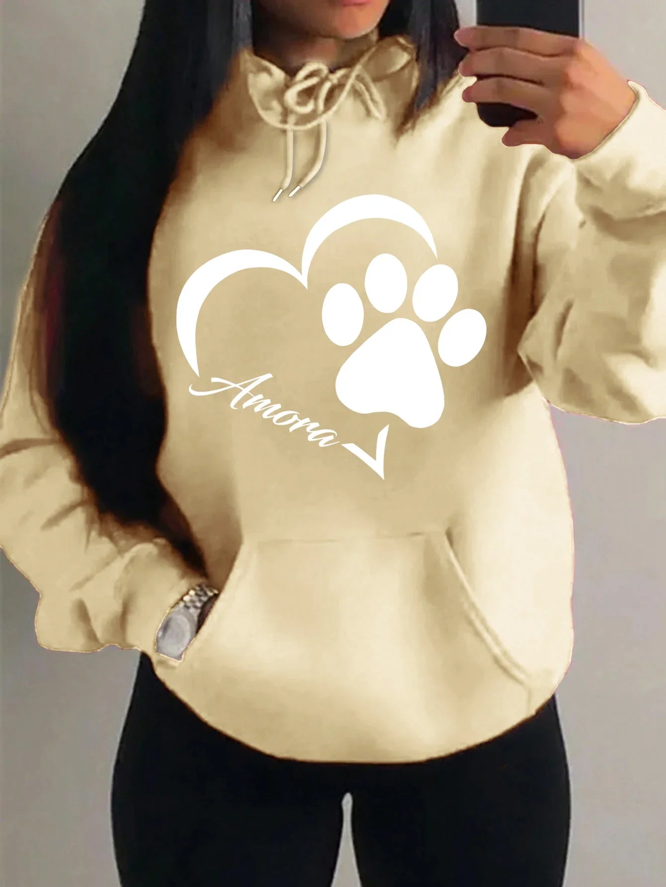 Love And Little Cat Foot Creative Print Women Hoody Fashion Autumn Sweatshirt Pocket Hoodie Sport Style Comfortable Pullover