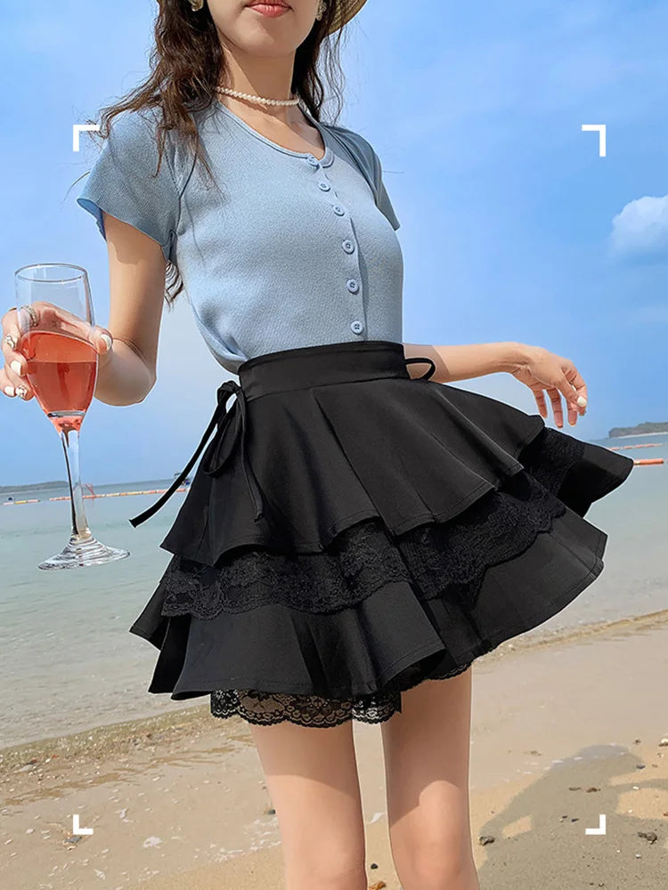Black Patchwork Lace Short Women Cake Skirt With Lace Up High Waist Preppy Style Cute Ball Gown Kawaii Skirts Girls