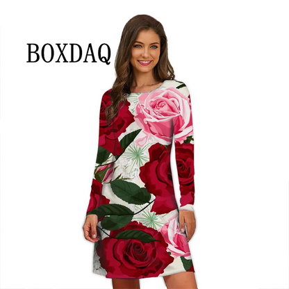 Flower Power Women Dress Retro Hippie 60s Elegant Long Sleeve Loose Dress Casual Fashion Oversized Autumn Woman Print Mini Dress