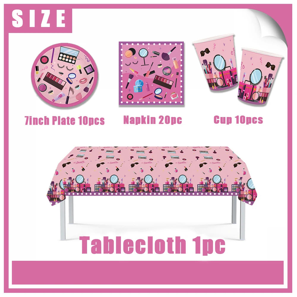 Girl's Birthday Party Supplies  Cosmetics Decorations Background Banners Disposable Cups Plates Knives Forks Spoon Gift Backdrop