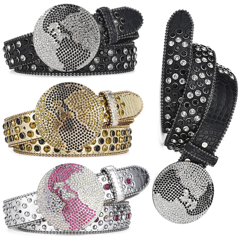 Western Leather belt BlingBling Diamond round buckle water Crystal diamond belt punk style Unisex PU Synthetic belt