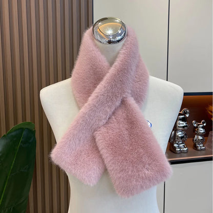 Plush Cross Women's Scarf Winter Thickened Soft Furry Neck Warmer Cute Solid Color Faux Rabbit Fur Scarf Women Collar Scarf New