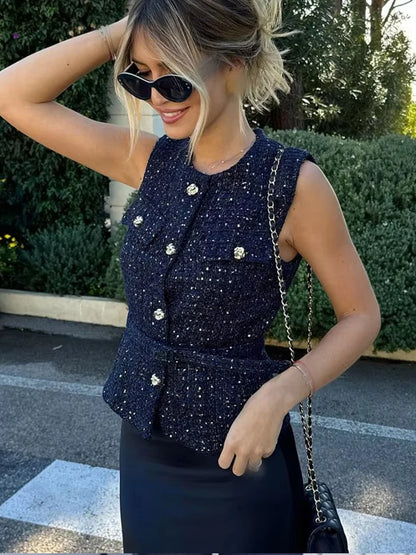TRAF Women Sequin Tweed Vest New Fashion With Belt Vests for Women 2025 Autumn Sleeveless Coat Streetwear Chic Waistcoat Tops