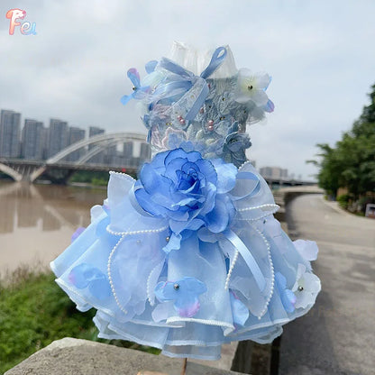2026 Handmade Blue Puppy Dog Clothing Luxury Embroidery Flower Lace Bow Long Tail Party Dresses For Small Medium Dog Pet Clothes