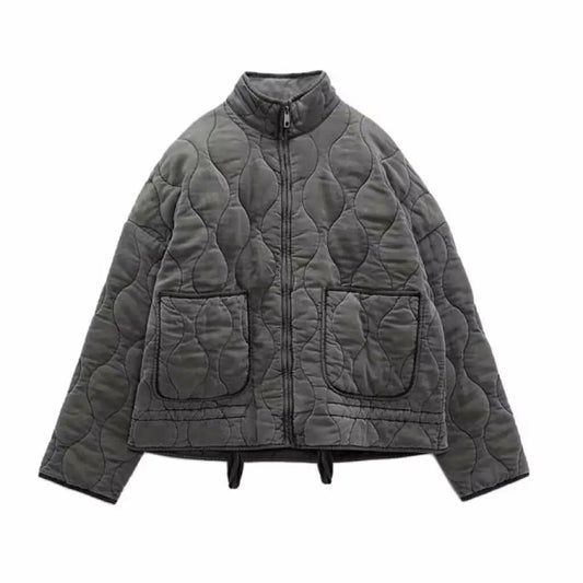 Women's Cotton Padded Jacket Winter Long-Sleeved Pocketed Loose Stand Collar Zipper Solid Color Coat Street Style Fash