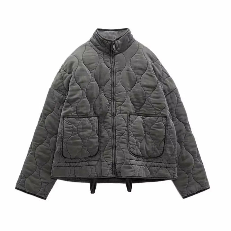 Women's Cotton Padded Jacket Winter Long-Sleeved Pocketed Loose Stand Collar Zipper Solid Color Coat Street Style Fash