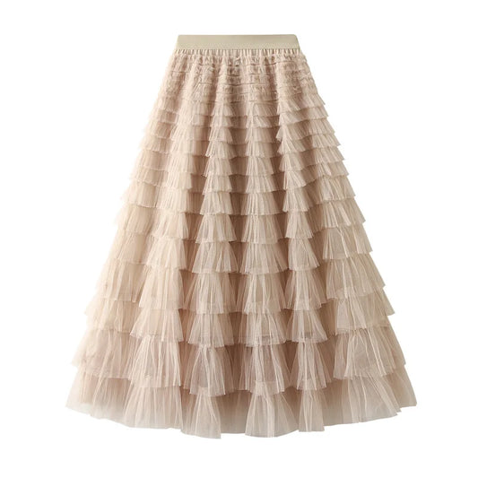 New Arrival 2025 Tulle Cake Long Skirt Women Spring Summer Ruffle Pleated A-Line Chic Skirt Ladies Sweet Black White Tutu Skirts