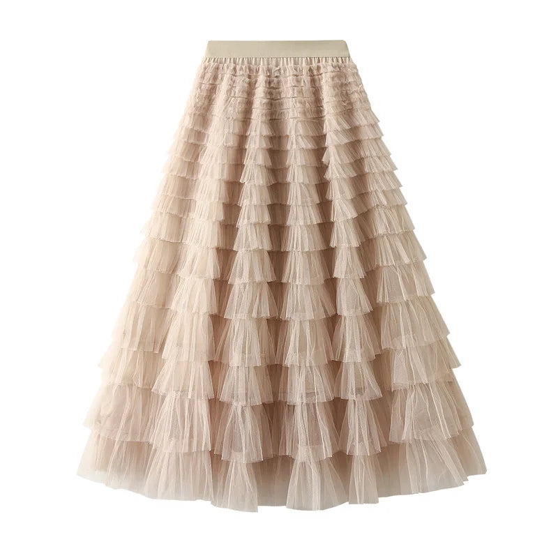 New Arrival 2025 Tulle Cake Long Skirt Women Spring Summer Ruffle Pleated A-Line Chic Skirt Ladies Sweet Black White Tutu Skirts