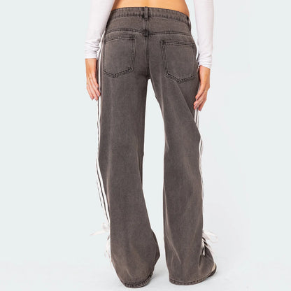 Women Vintage y2k Side Striped Bow Tie Jeans Boyfriend Low Rise Baggy Straight Wide Leg Jeans Casual Loose Fit Denim Pants