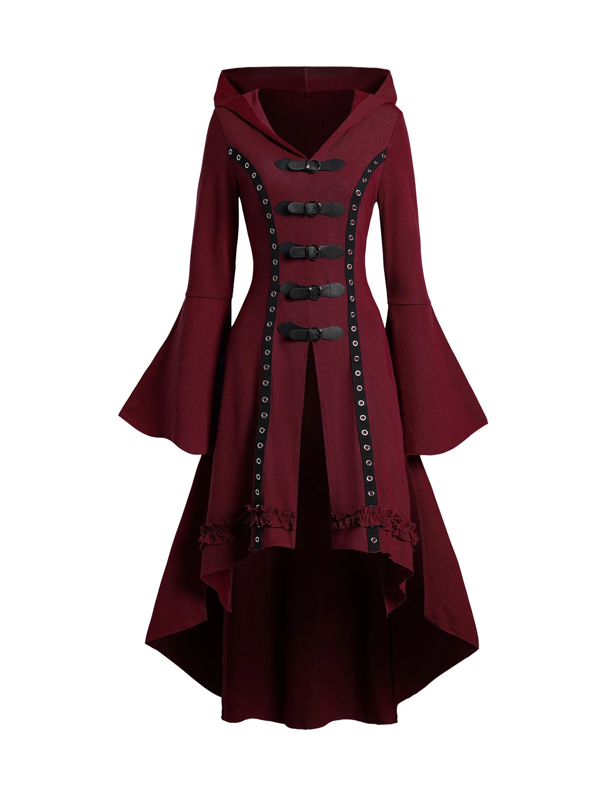 Dressfo Women's Grommet Gothic Hooded Top High Low Hem Buckle Flare Sleeve Frilled Top Long Sleeves Hooded Halloween Tops