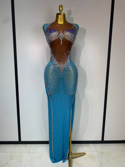 Women Sexy Evening Party Gowns Sparkly Diamonds See Through Mesh Stretch Asymmetrical Dress Celebrity Elegant Singer Outfit