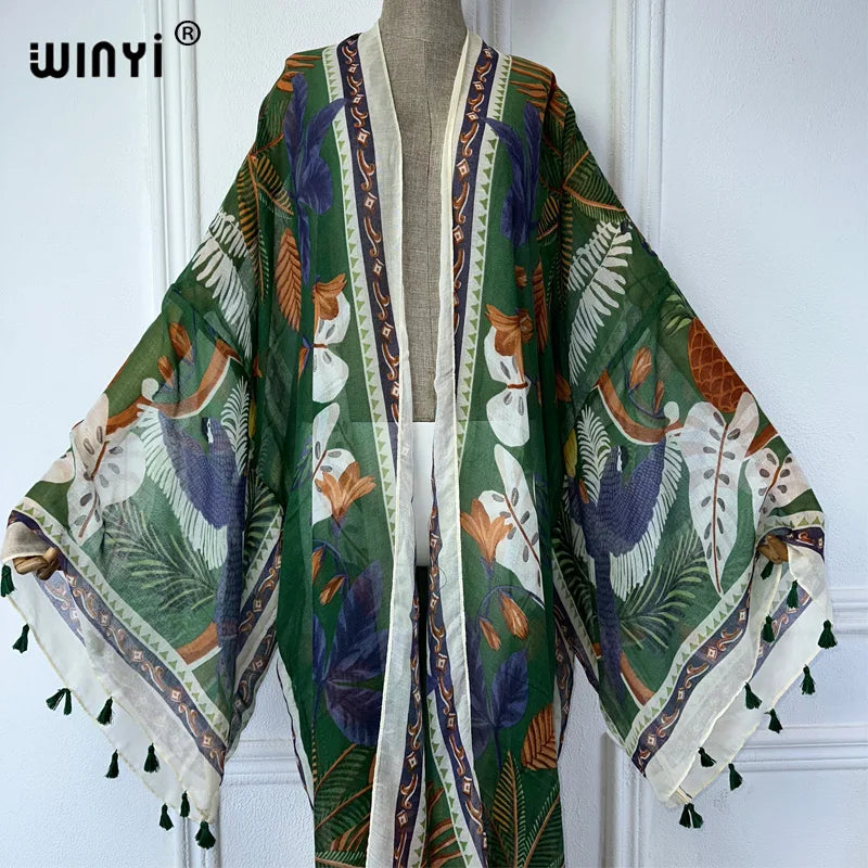 WINYI summer outfit kimono africa boho print beach cover up muslim dress cardigans beach wear women abaya dubai luxury kaftan